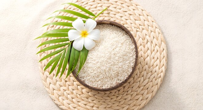 Tropical Spa Setting with Coconut Shell Bowl of Rice and Frangipani Flower Top View