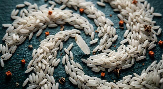 Overhead Macro of Scattered White Rice and Diced Orange Vegetables on Dark Slate