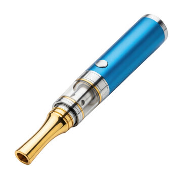 Blue and gold electronic cigarette device with clear tank and gold tip, modern vaping technology for smoking alternative, portable and stylish.