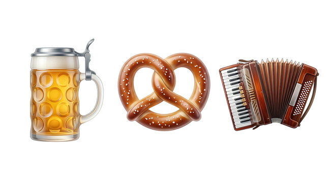 Traditional german beer mug pretzel and accordion on transparent background