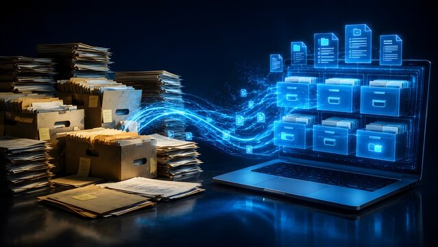 Physical document boxes transforming into glowing digital files transferring into a futuristic virtual filing cabinet on a laptop screen representing cloud archiving