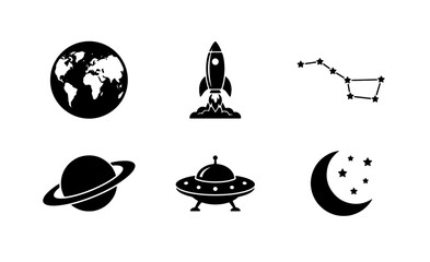 Space Icons Set: Earth, Rocket, Constellation, Saturn, UFO, Moon & Stars Vector Graphics for Cosmic Exploration and Sci-Fi Themes © Arif