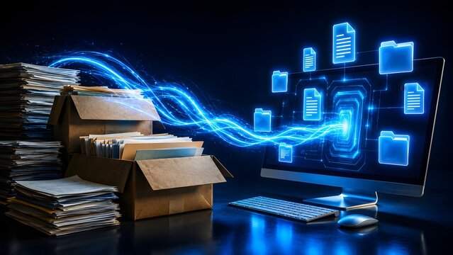 Desktop computer absorbing physical document boxes into glowing digital folders representing digital transformation and data archiving