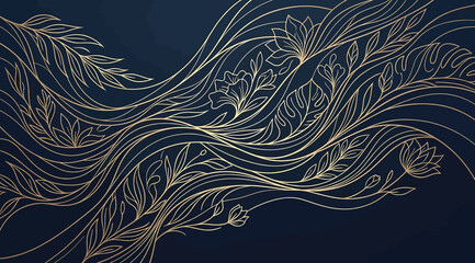 Fototapeta premium Elegant art nouveau floral background with flowing golden vines and delicate botanical elements on a dark blue backdrop, intricate decorative vintage illustration style
