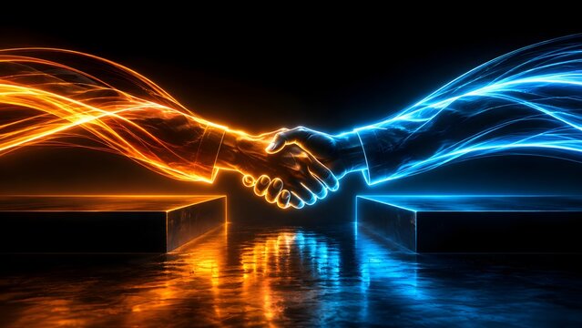 Glowing energy handshake bridging a gap between two platforms representing powerful business synergy and futuristic connection