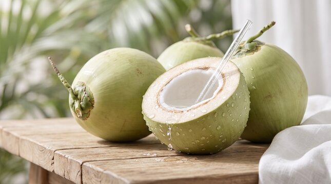 Fresh green coconuts, one opened with a straw, on a rustic wooden table with water droplets and blurred foliage in the background.