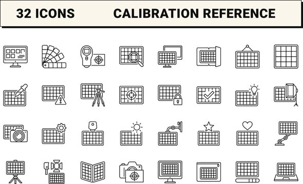 Color Checker Color Accuracy Reference Web Icon Set in Linear Style. Collection of Calibration Target line icons, including photography, studio lighting, camera profile, monitor calibration.