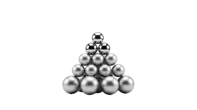 Stack of shiny polished chrome metal spheres arranged in a symmetrical pyramid shape on a white surface isolated on a transparent background
