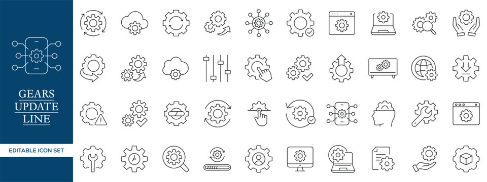 Gear Update Line Icon Set with Settings, System Maintenance, Technology and Software Upgrade Editable Stroke Vector Collection