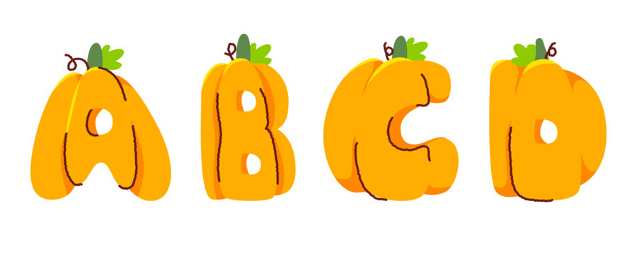 Hand drawn pumpkin alphabet letters A B C D set, cute orange vegetable font illustration vector.