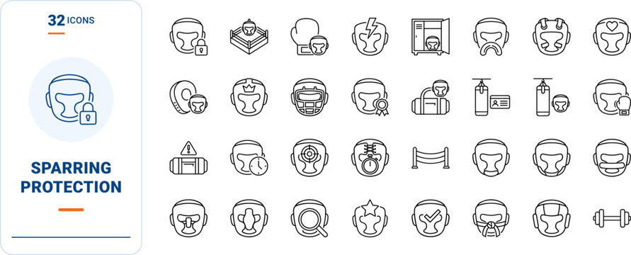 Head Guard Sparring Protection Web Icon Set in Linear Style. Collection of Combat Gear line icons, including martial arts, boxing training, fighter safety, protective gear, sparring equipment.