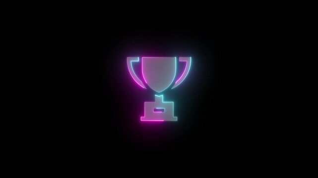 Neon world cup champions trophy prize isolated on black background. Animation of bright neon cricket cup and football world cup icon background.
