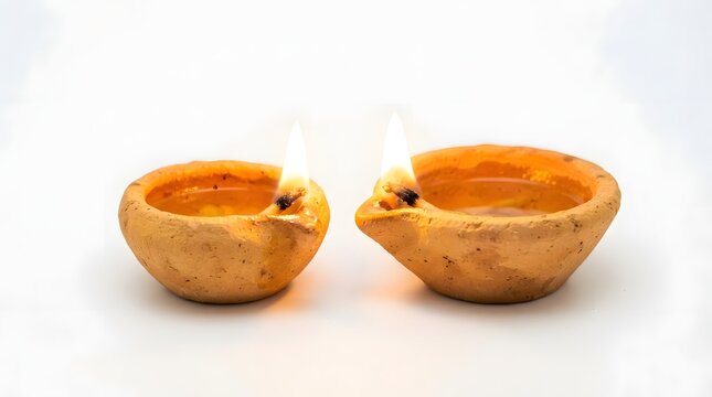 Two traditional clay diya oil lamps with glowing flames isolated on white background