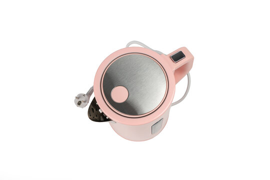 An overhead angle shows a pink electric kettle with its lid closed, brushed steel disc, and a small indicator panel built into the handle top.