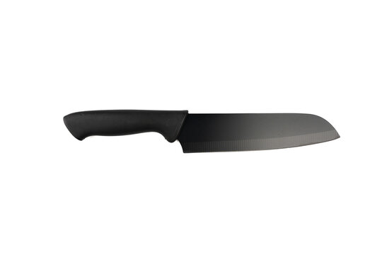A black-bladed kitchen knife with a matching black handle is shown alone, angled on a plain white background without its sheath.