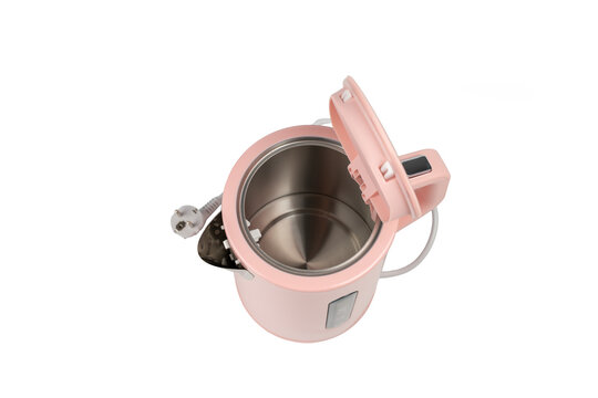 An overhead angle shows a pink electric kettle's open lid, stainless steel interior, and a small indicator panel built into the handle top.
