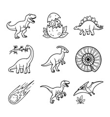 Dinosaur icon set, cute cartoon line art vector illustration © Samiulislam