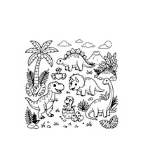 Dinosaur Coloring Page for Kids with Cute Prehistoric Animals and Tropical Plants Vector Illustration © Samiulislam
