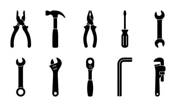 Collection of 10 Black Silhouette Tools, Including Wrenches, Pliers, Screwdrivers, and Hammers, Vector Icons for DIY, Construction, and Repair Concepts
