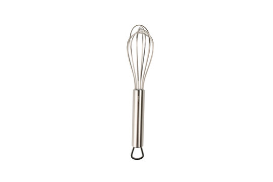 A single stainless steel balloon whisk with a metal handle and small hanging loop stands upright on a plain white background.