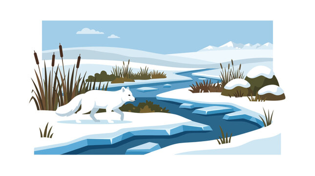 White fox in snowy winter landscape with frozen river vector illustration
