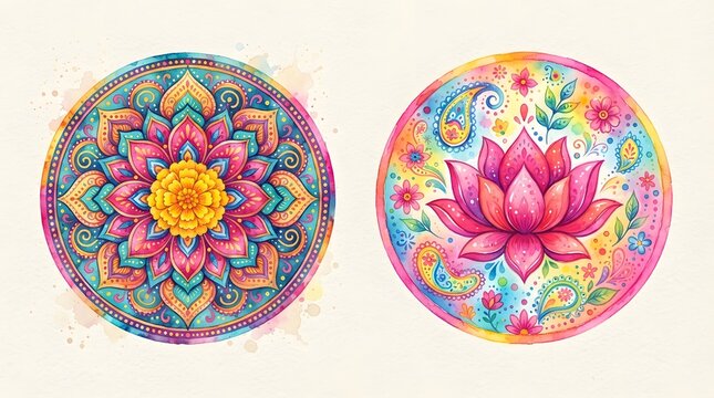 Two colorful circular mandala designs featuring a flower and a lotus with paisley patterns