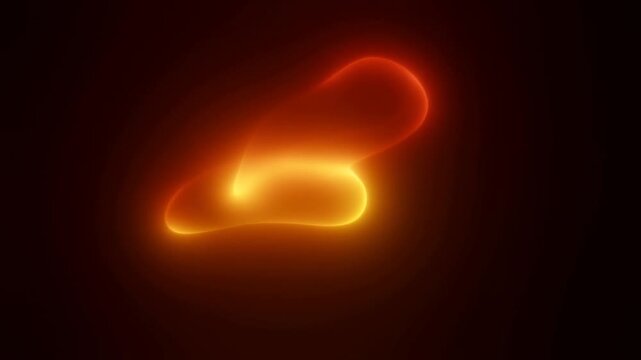 Abstract glowing orange liquid blob animation. Dynamic morphing fluid shape with fiery light effects on black background. Vibrant 3D motion graphic for futuristic tech and energy visuals.