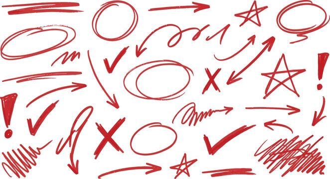 Collection of hand drawn red scribble shapes including arrows circles checks and crosses on white