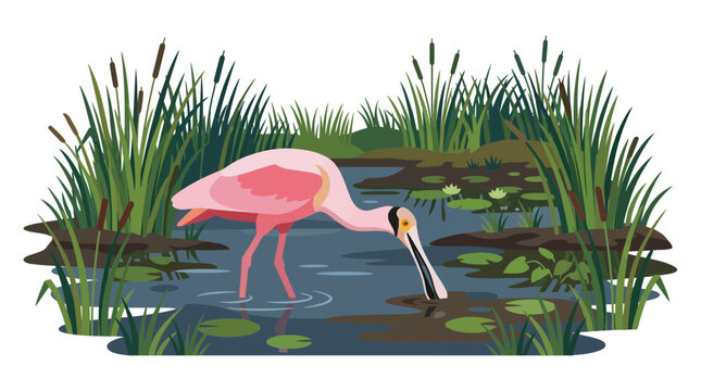 Pink spoonbill bird foraging in wetland swamp flat vector illustration