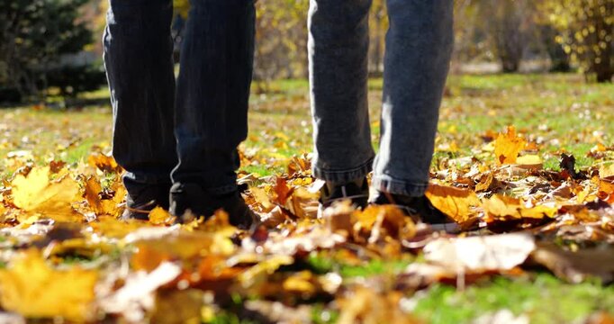 Father and son walk together through autumn park covered with fallen leaves. Close view of their legs and sneakers highlights family bonding, outdoor activity and shared time in nature.