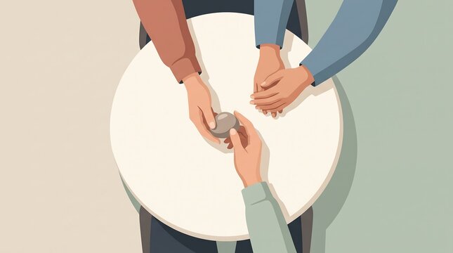 Counseling support group hands at round table flat vector illustration
