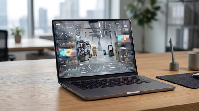 Laptop with abstract analytics dashboard and warehouse monitoring interface