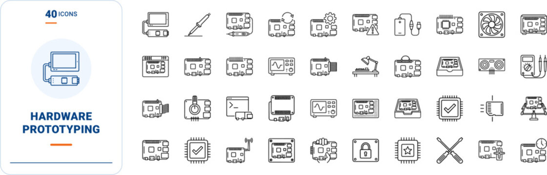 Single Board Computer Maker Workshop Web Icon Set in Linear Style. Collection of Maker Lab line icons, including prototyping, soldering, sensors, firmware, robotics, breadboard.
