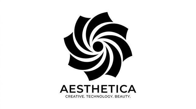 A black and white abstract circular flower logo design with text on a white background with swirling petals surrounding surrounding central dot