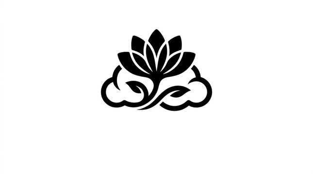 Minimalist black lotus flower icon combined with a cloud shape on a white background with stylized black graphic flower emerging meditation with botanical