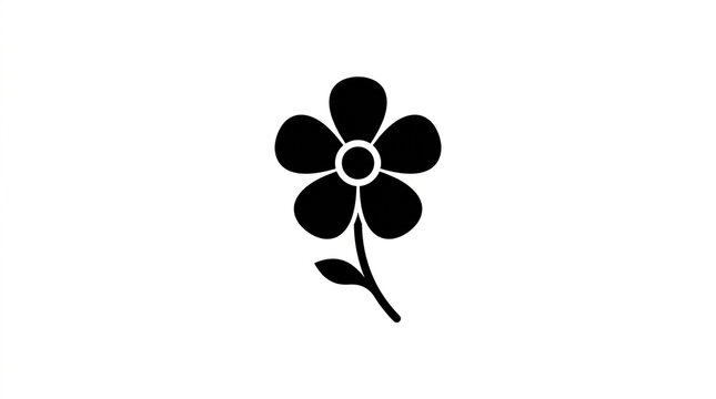 A simple black silhouette icon of a five petaled flower centered on a white background with minimalist black vector flower single leaf illustration