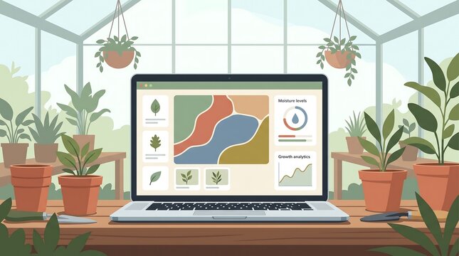Vector laptop with crop health heatmap in greenhouse