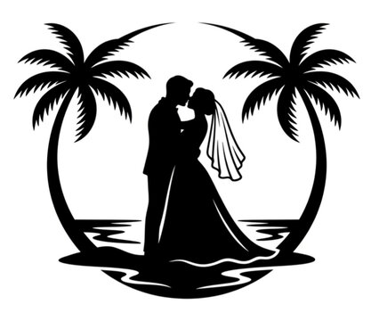Romantic Beach Wedding Silhouette of Bride and Groom Kissing under Palm Trees