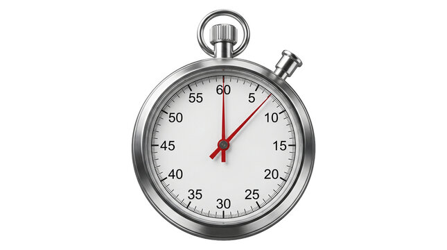 Metallic analog stopwatch with white dial and red hands for measuring duration in sports activities.