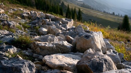 Fototapeta premium A rocky mountain slope with scattered boulders grasses and distant evergreen trees under soft sunlight