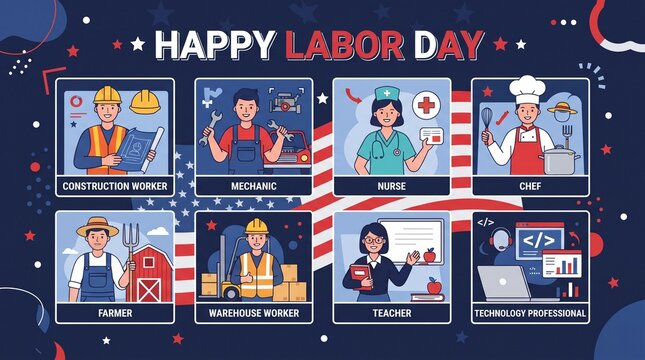 Labor day poster celebrating various professions and workers