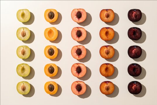 Plum assortment in rows on beige background