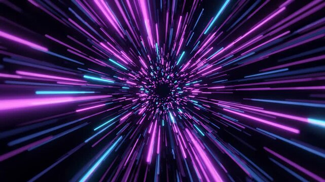 Dynamic abstract animation of a futuristic hyperspace tunnel with glowing purple and blue neon light trails zooming past the viewer, creating a sense of speed and energy.