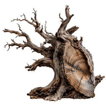 Old dry dead tree stump driftwood log cutout with wood cross section rings isolated on transparent background