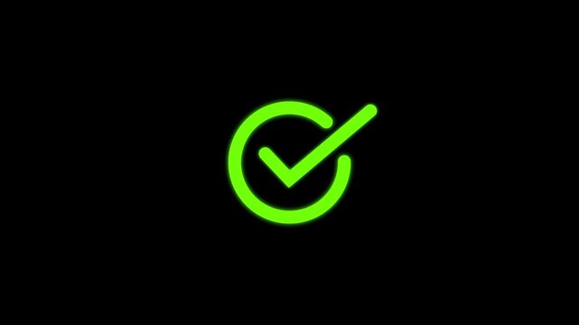 Green check mark on black background, checkmark animation symbol, yes approve choice, approved tick mark, verified symbol, yes icon, check mark flat
