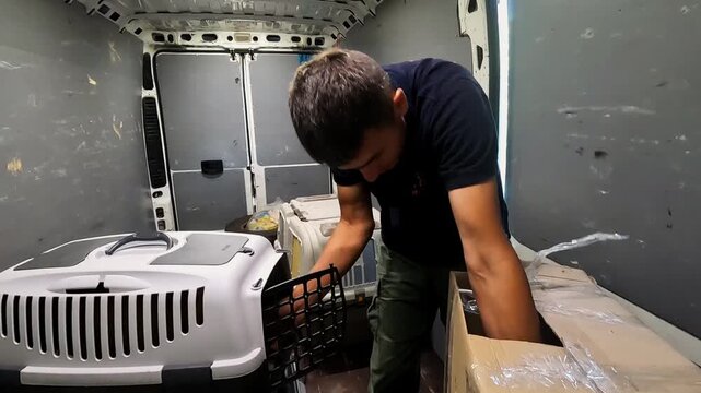 Male volunteer takes out small kitty of carton box and put into carrier in truck. Rescue worker saving animal from frontline city in Ukraine. People evacuating homeless pets and taking to safe places