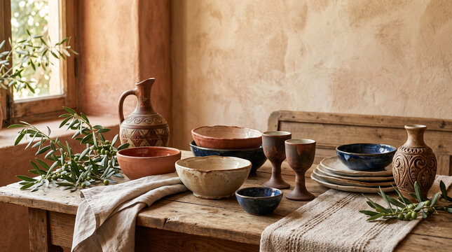georgian ceramic collection display with handmade pottery and olive branches on rustic table