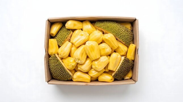 Freshly sliced yellow jackfruit segments arranged inside rectangular cardboard box captured from above view against clean white studio surface for culinary sale