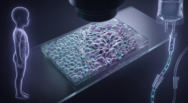 Clinical biopsy cutaway with suspicious tissue, microscope analysis, pediatric silhouette, and cytotoxic infusion showing diagnostic uncertainty.