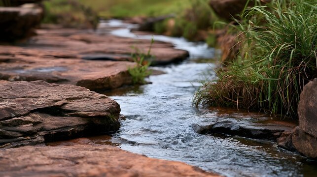 A gentle stream flows over weathered red stone slabs  bordered by lush green grass and mossy textures in a tranquil natural setting